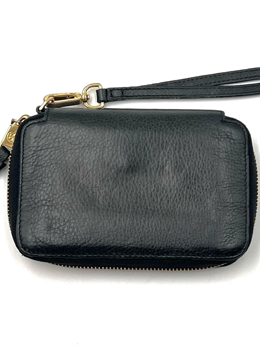 Tory Burch Thea Black Pebbled Leather Zip Around Wristlet Wallet Logo Clutch